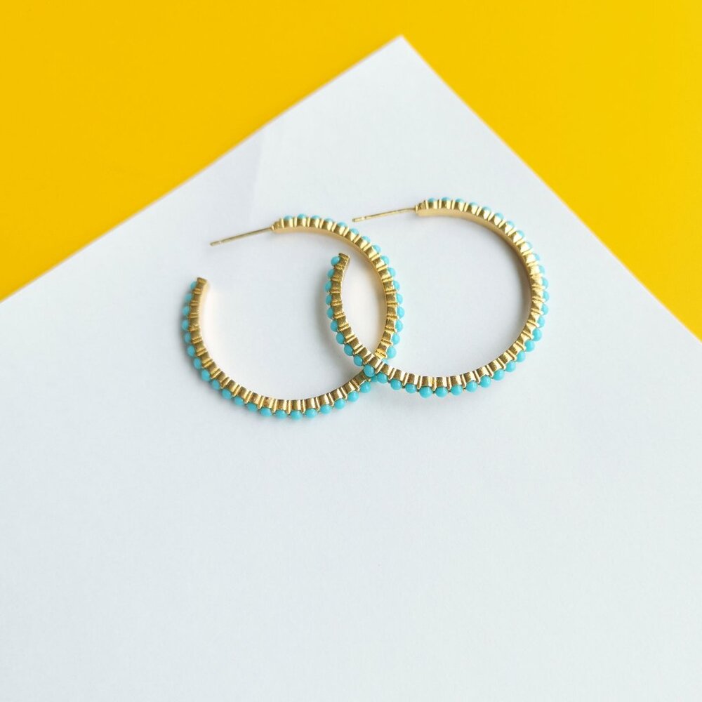 Juliet Gold Turquoise Blue Medium Hoop Earrings by Julie Vos - Picture 3 of 4